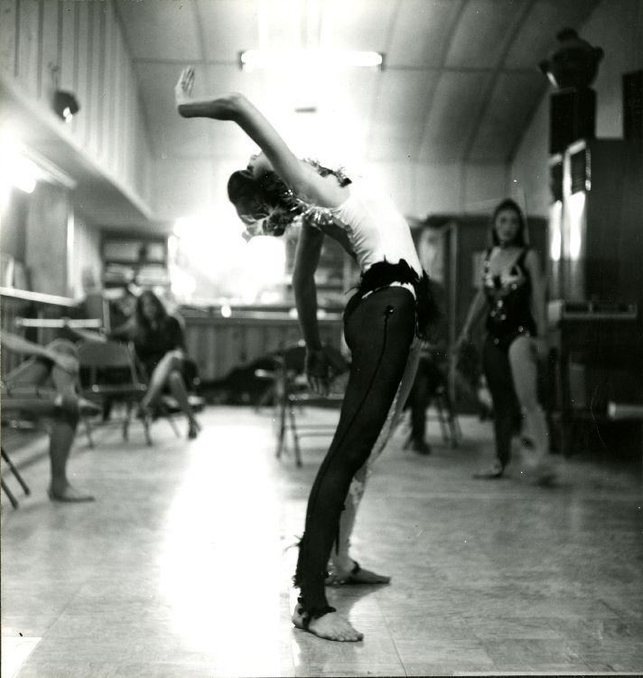 Lynda Herrera in costume stretching, ca. 1973 · Liberty Hall