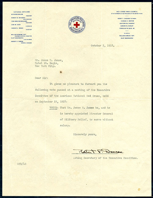 Letter appointing JHJ as Red Cross Director of General Military Relief 