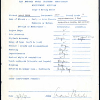 Achievement audition, judge&#039;s rating sheet, for Robert White on piano, at San Antonio Music Teachers Association, March 6, 1971