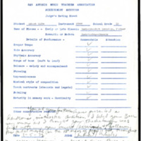 Achievement audition, judge&#039;s rating sheet, for Robert White on piano, at San Antonio Music Teachers Association, March 5, 1972