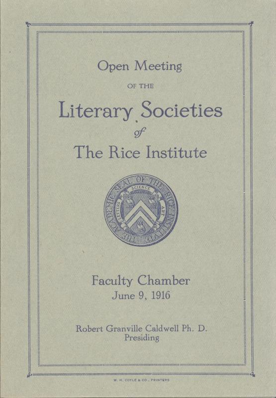 Flyer advertising open meeting of the literary societies at Rice Institute