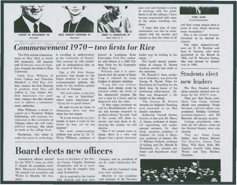 Rice University Class of 1970 newsclippings