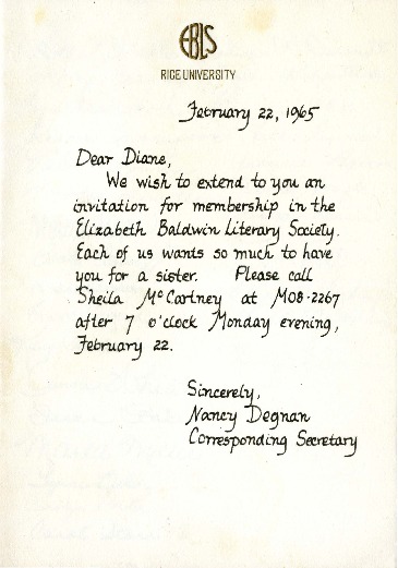 Elizabeth Baldwin Literary Society membership invitation, Rice University