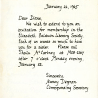 Elizabeth Baldwin Literary Society Membership Invitation - February 22, 1965