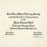 Owen Wister Literary Society 1st Annual Ball Invitation - November 27, 1929